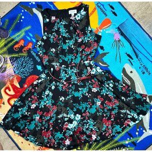 Elle Dress Black Pink Floral Size M Pleated Sleeveless Knee Length VGUC